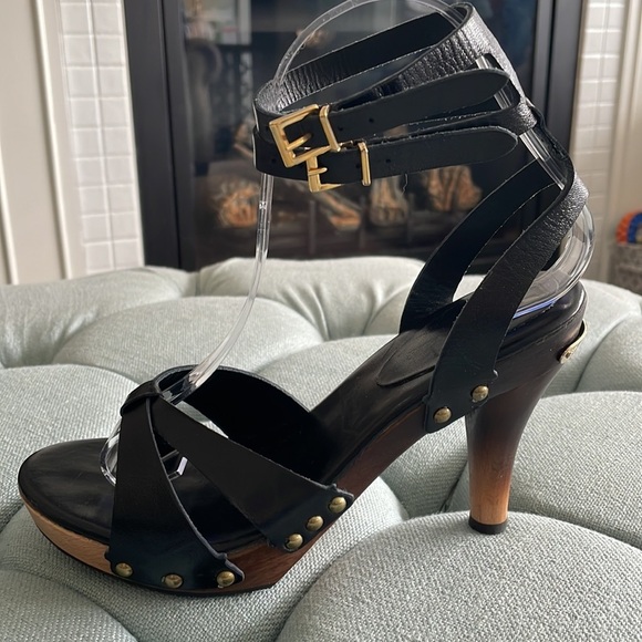 7 For All Mankind Black Leather Sandals with Wooden Ombré Heels - Picture 10 of 16